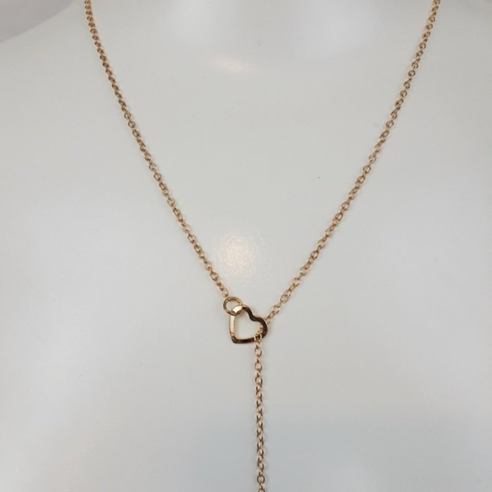Double Heart Lariat Dainty Gold Minimalist Necklace - Picture 3 of 8